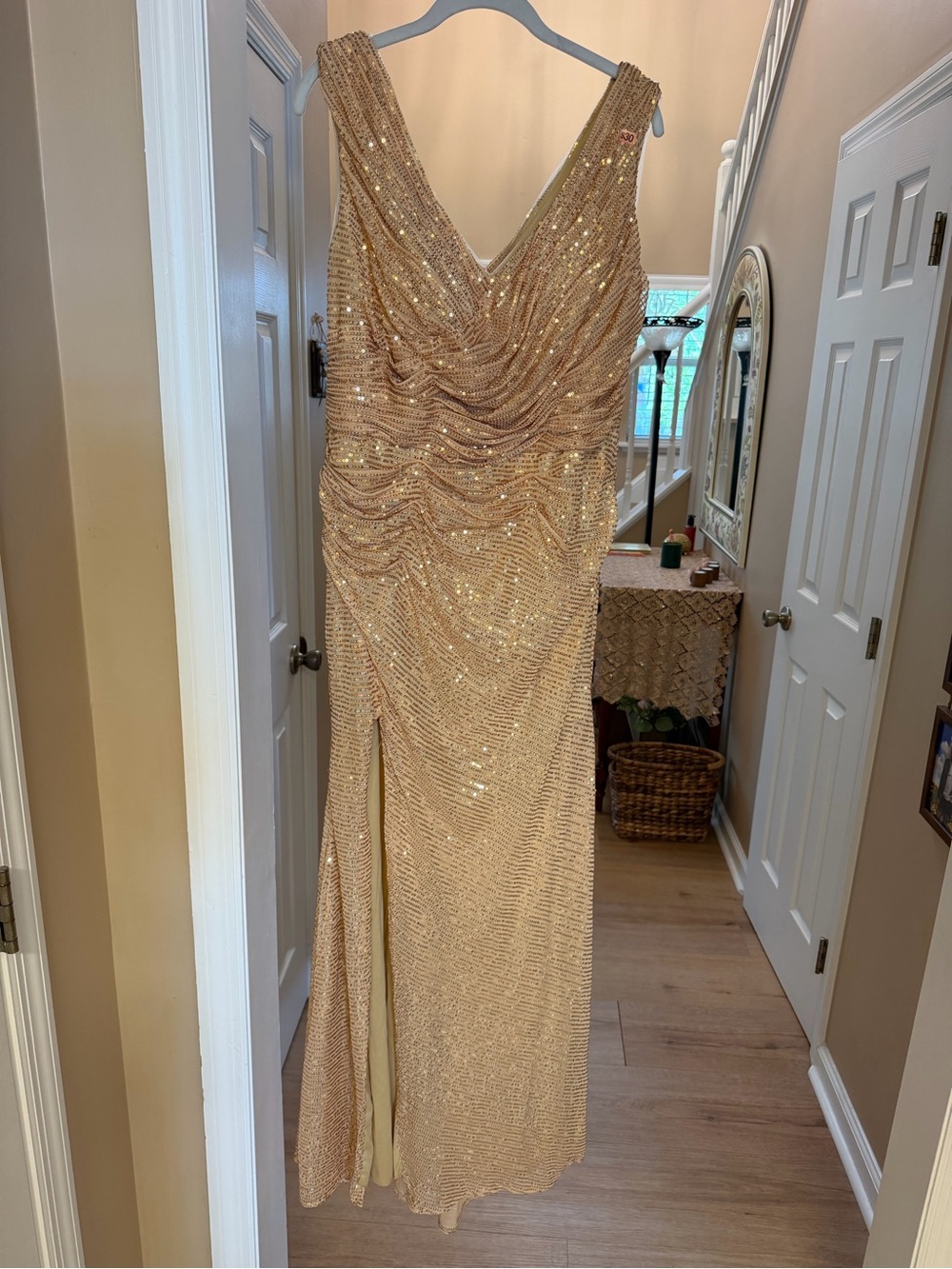 Gold Sequin V-Neck Ruched Evening Gown